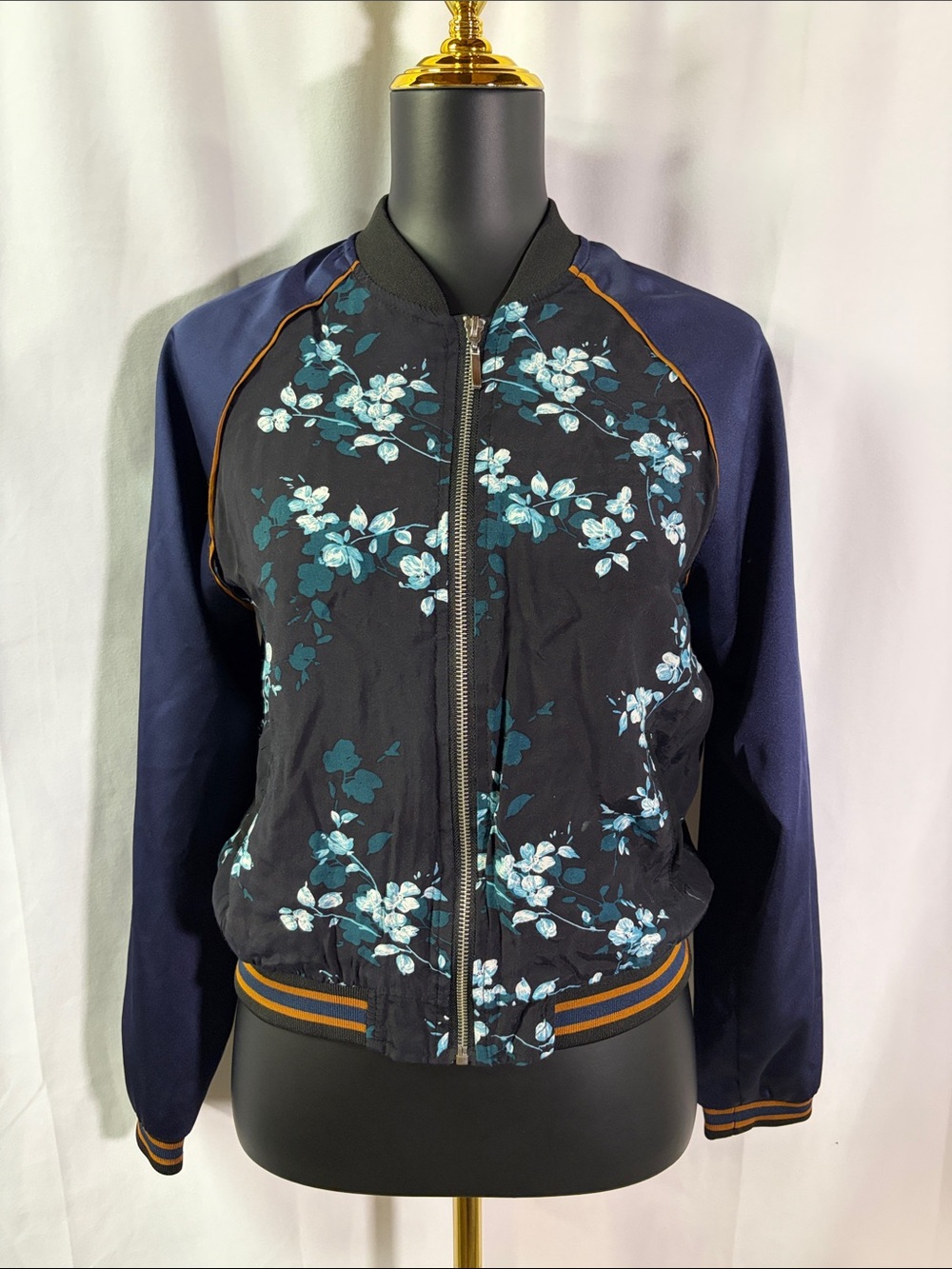 Aeropostale Navy Multicolor Floral Print Zip Front Bomber Jacket